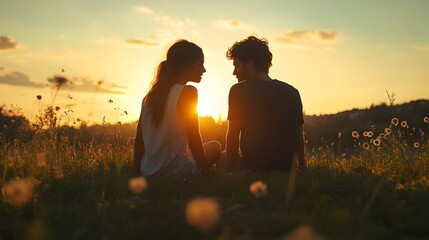 Couple enjoying sunset in a field, surrounded by nature's beauty.