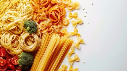 A vibrant assortment of pasta shapes, colors, and textures, alongside fresh broccoli and tomatoes. A culinary delight!