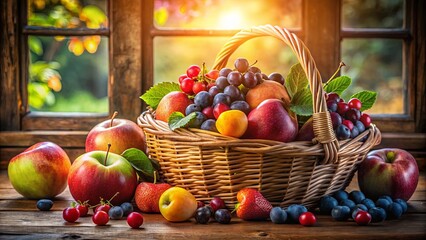 A wicker basket brimming with fresh, ripe fruit, including plump red apples, juicy peaches, and dark, sweet grapes, sits on a rustic wooden table bathed in warm sunlight streaming through a window.