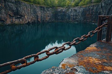 Obraz premium Rusty chain beside a serene quarry lake reflecting trees