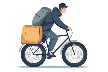 Obraz premium A flat vector illustration of a delivery man with a big delivery bag on a bike, symbolizing delivery service. The design features a professional setting with a modern and clean style, set against a wh