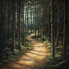 Obraz premium A path in the middle of a dense forest, a narrow and winding path with tall trees.