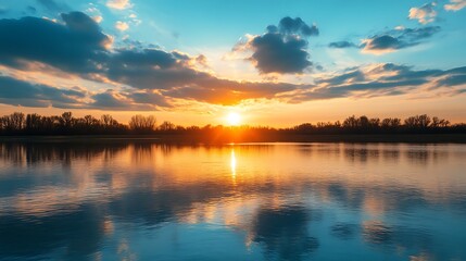 Obraz premium Sunset over a lake. Scenic landscape with colorful clouds and reflections.