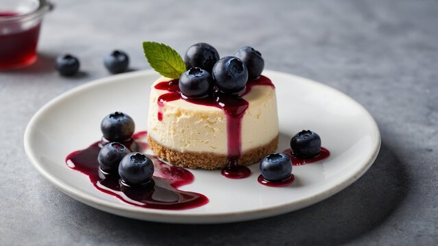 Small round mini cheesecake with blueberry syrup and fresh blueberries topping on a white plate with a simple table background