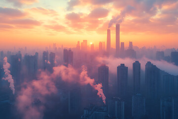 A city at dawn with soft orange and pink skies, faint smog, and greenhouse gases rising from buildings and factories, highlighting urban pollution and the effects of climate change. The design capture