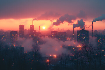 A city at dawn with soft orange and pink skies, faint smog, and greenhouse gases rising from buildings and factories, highlighting urban pollution and the effects of climate change. The design capture