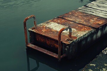 Rusty old dock with weathered wooden planks and metal railings