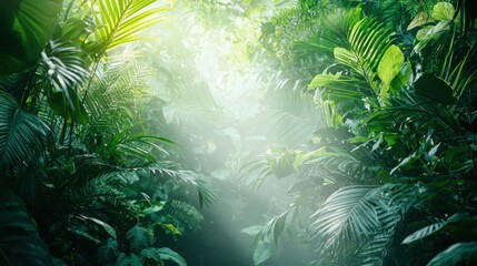 Fototapeta premium Lush Vibrant Rainforest Scene with Rich Green Leaves and Soft Light Filtering Through Canopy