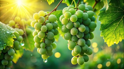 Sun-kissed Clusters of Juicy Grapes Glowing with Dew Drops on Lush Vine