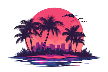 A flat vector illustration of palm trees on a beach in Mexico during summer, capturing the essence of relaxation and tropical beauty. The design is modern and minimalistic with a clean white backgroun