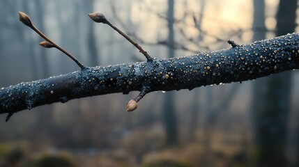 Close-up of a tree branch with buds in a misty forest