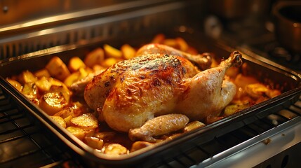 Fototapeta premium Golden roast chicken with crispy skin and seasoned potatoes in the oven.