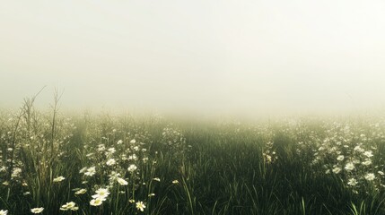 Misty Meadow with Wildflowers at Dawn in Soft Foggy Atmosphere