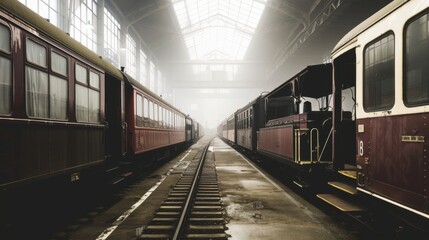 Fototapeta premium Misty morning at the vintage train depot. Red carriages stand still, awaiting their journey. A nostalgic scene of railway history.