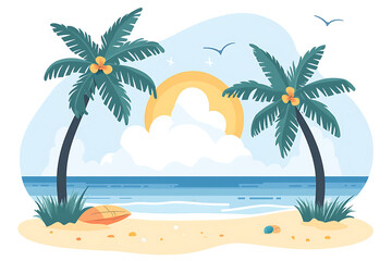 Obraz premium A flat vector illustration of palm trees on a beach in Mexico during summer, capturing the essence of relaxation and tropical beauty. The design is modern and minimalistic with a clean white backgroun