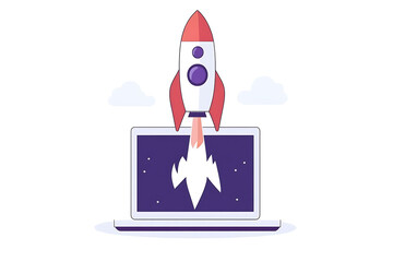 A flat vector illustration of a space rocket launching from a laptop screen, symbolizing technology and exploration. The design is sleek and modern, with a clean white background