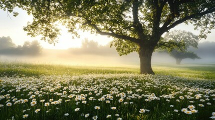 Fototapeta premium Tranquil Sunrise Over Flowering Meadow with Misty Background