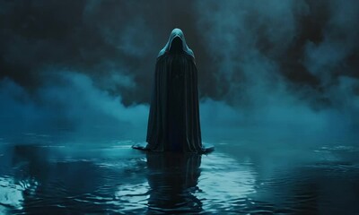 A cloaked figure shrouded in mist, evoking mystery and intrigue in a dark atmosphere.