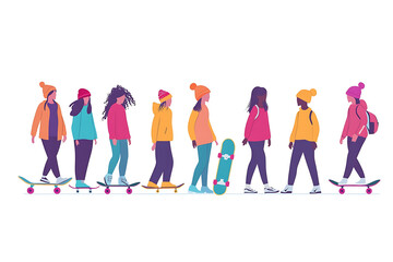 Obraz premium A flat vector illustration of a group of women playing with skateboards, showcasing an active and modern lifestyle. The design is minimalistic with a clean white background