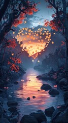 Fototapeta premium Enchanting Landscape of Mystical Forest Ablaze with Ethereal Light and Captivating Beauty A breathtaking natural scene of a fairytale like forest reflecting in a serene lake with glowing leaves