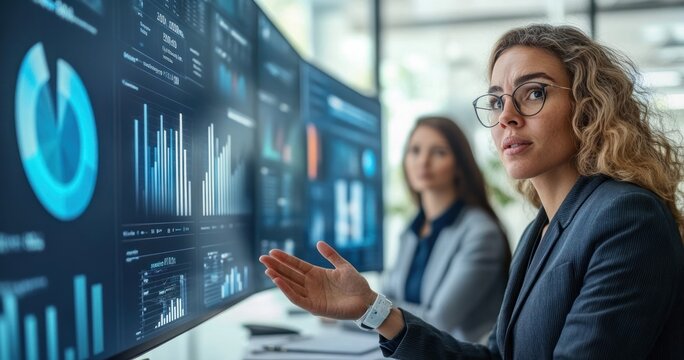 Business Colleagues Analyzing Data on Digital Screens in Modern Office Setting