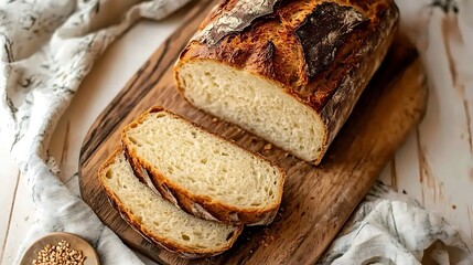 Top view of a fresh slice of bread on a wooden board, perfect for food and baking-themed projects.