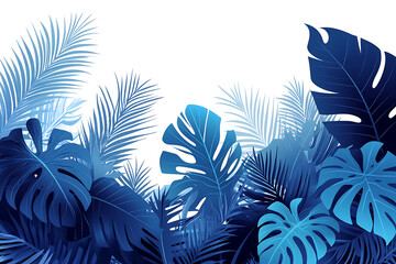 A flat vector illustration of a collection of tropical leaves in blue color, with foliage plants set against a space background. The design is modern and minimalistic, with a white background