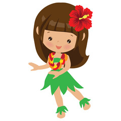 Cute little hula dancer girl  vector cartoon flat style illustration
