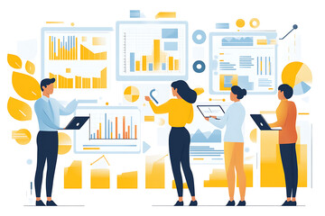 A flat vector illustration representing business audit and financial management. The design features graphs, charts, and data analysis elements symbolizing strategy, accounting, marketing, and profit 