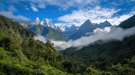 Fototapeta premium Stunning Mountain Landscape Under Bright Blue Sky with Clouds