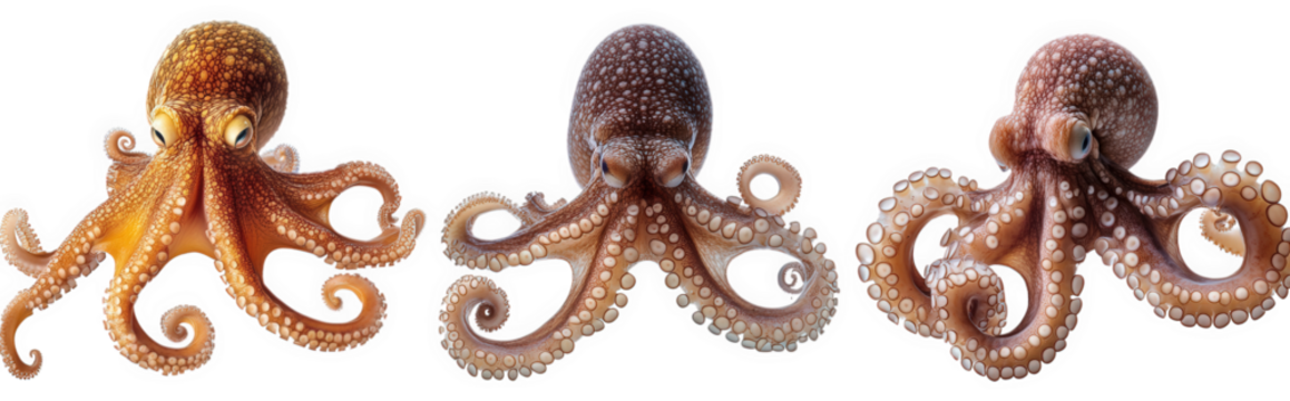 three octopuses with suckers. tentacles. and big eyes isolated on a transparent background