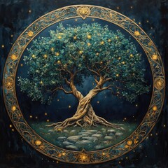 Fototapeta premium Ethereal Nighttime Landscape with Majestic Ancient Tree