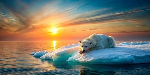 A Polar Bear Rests on a Drifting Ice Floe as the Sun Sets Over the Horizon, Casting a Warm Glow Across the Icy Waters