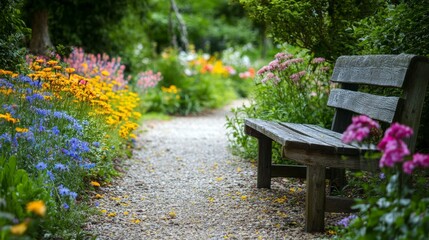 Serene Garden Path Surrounded by Vibrant Flowers
