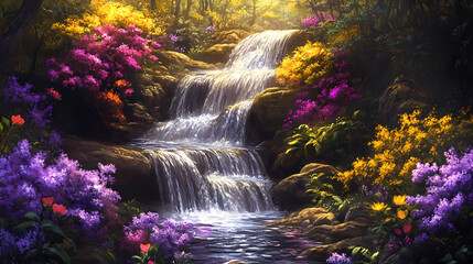 Obraz premium Serene waterfall cascading amidst vibrant blooms. Rivulet. Illustration