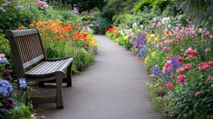 Tranquil Garden Pathway Surrounded by Colorful Flowers