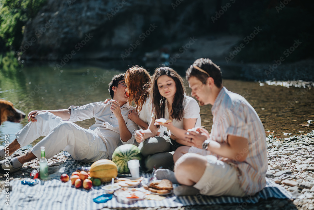 Sticker A group of friends relaxes by the river, enjoying a summer picnic. They are surrounded by nature and delicious food, creating a joyful and serene atmosphere.