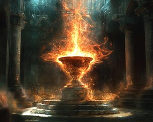 Flaming Chalice Within Ancient Temple Ruins