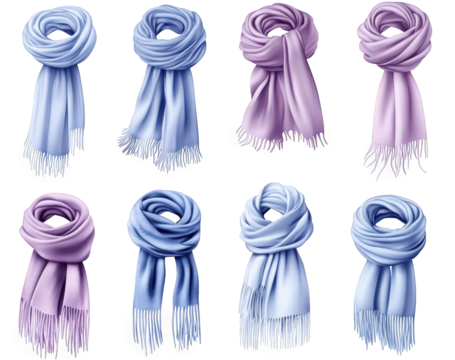 set of eight realistic vector illustrations of blue and purple scarves tied in different ways the scarves are made of soft. warm fabric and have fringed edges they are isolated on a transparent backgr