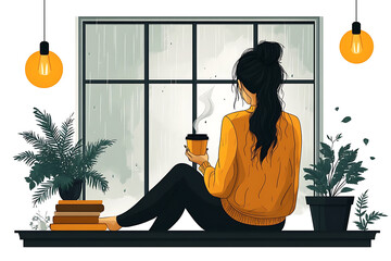 A flat vector illustration of a person sitting by a window, holding a steaming cup of coffee, and watching the peaceful rain outside. The scene evokes a cozy, reflective atmosphere in a modern design 