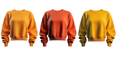 three crew neck sweatshirts in different shades of yellow. orange. and red isolated on a transparent background