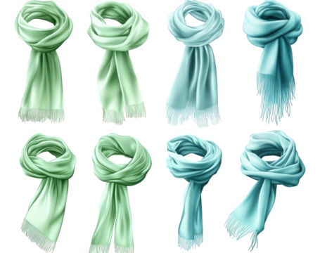 a set of eight realistic vector illustrations of different ways to tie a scarf in green and blue