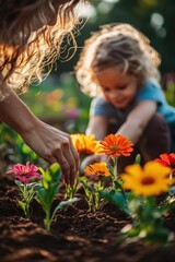 Child and adult gardening together among vibrant flowers in a sunlit park. Generative AI
