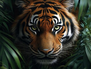 Naklejka premium A close-up of a tiger's face amidst lush green foliage, highlighting its intense gaze.