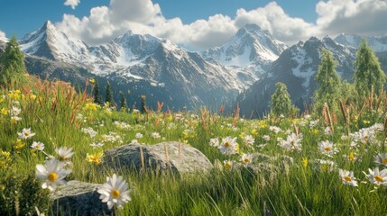 Serene Mountain Meadow Filled with Wildflowers