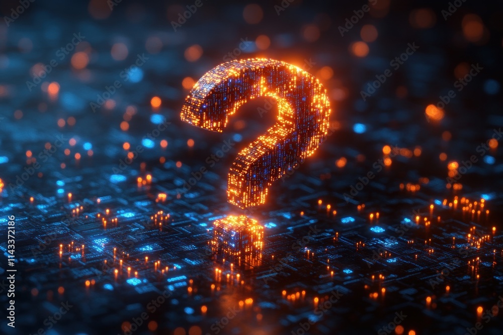Poster 3D Digital Question Mark Binary Code AI Technology Information Retrieval Natural Language Processing Personalized Assistance