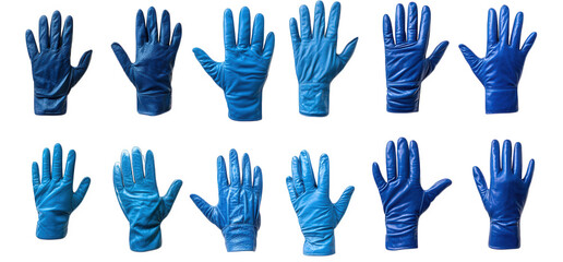 twelve blue latex gloves in different shades arranged on a transparent background
