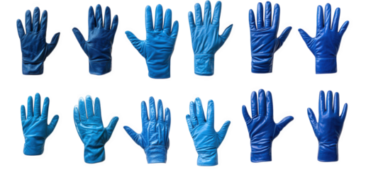 twelve blue latex gloves in different shades arranged on a transparent background