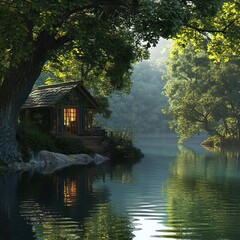 Fototapeta premium Quiet lakeside cabin with serene lake views.