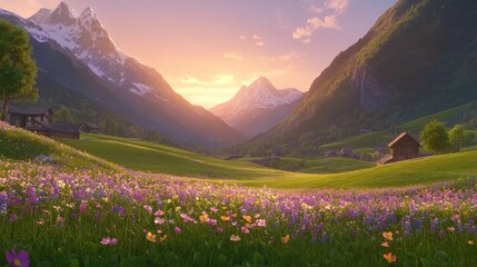 Fototapeta premium Serene Mountain Landscape with Colorful Wildflowers at Sunrise